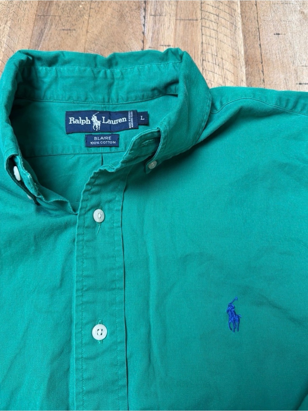 Ralph Lauren Green Button-Down Oxford Shirt with Blue Polo Logo